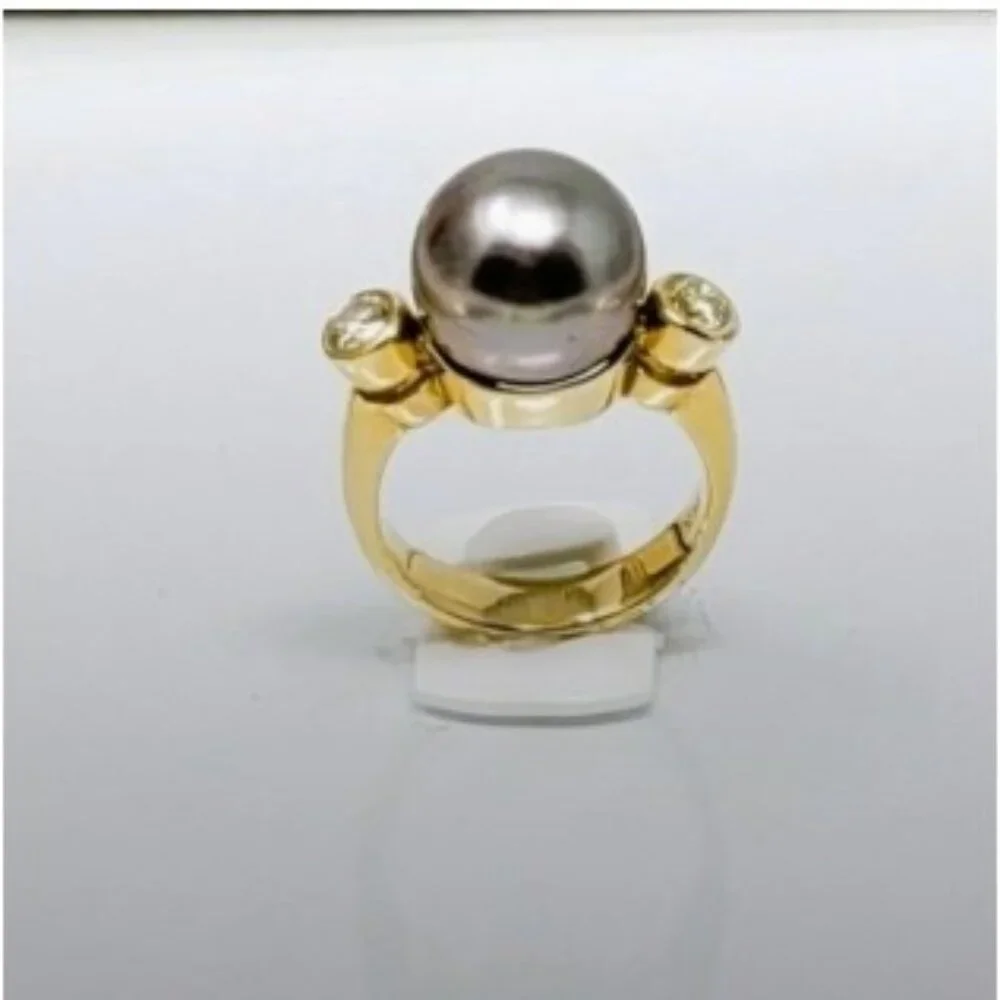 Vintage 14K Gold 12.2mm Black Cultured Pearl & 0.45ct Diamond Ring - Size 7.5